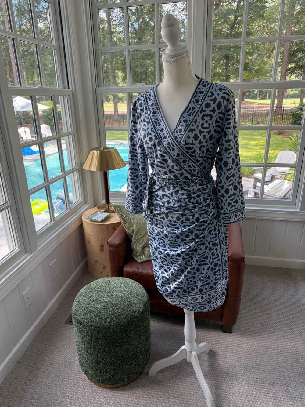 Gretchen Scott Designs Blue and White Wrap Midi Dress with Abstract Print